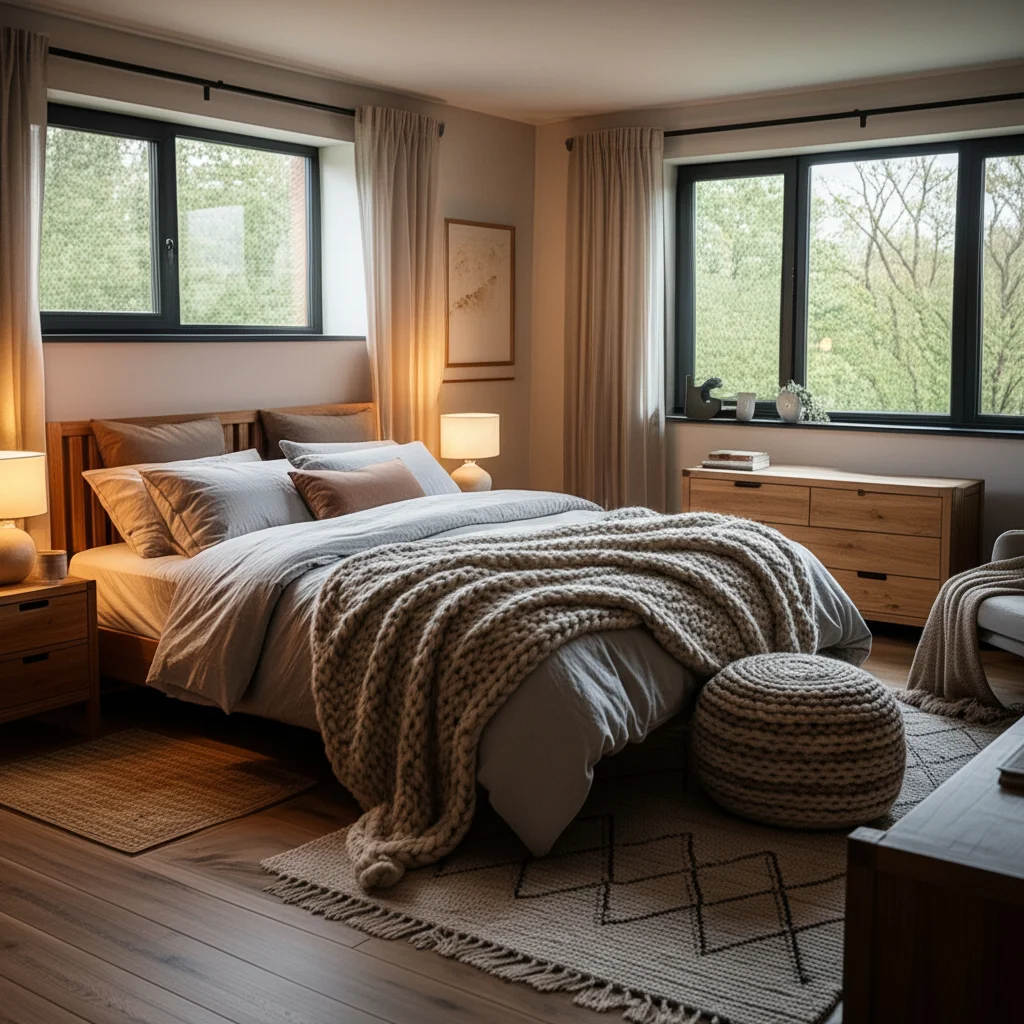 "Cozy modern bedroom with large windows, soft lighting, neutral-toned bedding, chunky knit blanket, and wooden furniture creating a warm and inviting atmosphere."