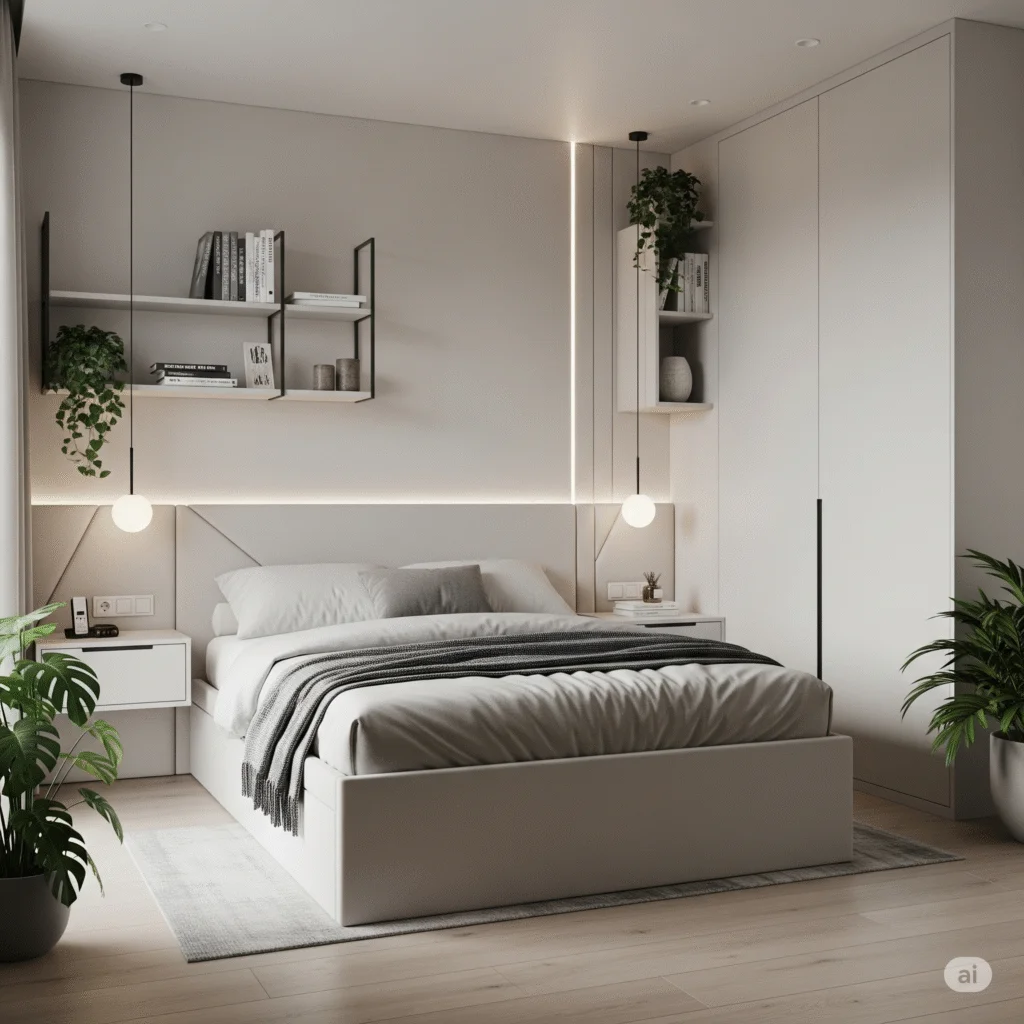 A cozy modern small bedroom with light-toned walls, built-in bed storage, large window with natural light, minimal decor, and layered textiles creating a warm and inviting ambiance.
