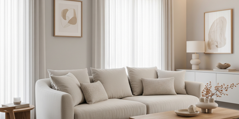 Photorealistic image of a modern living room bathed in natural light with soft beige, ivory, and light gray walls and furniture. Plush sofa with linen upholstery, wooden coffee table, sheer curtains, and subtle textured rugs. Warm ambient lighting enhances the calming neutral tones.