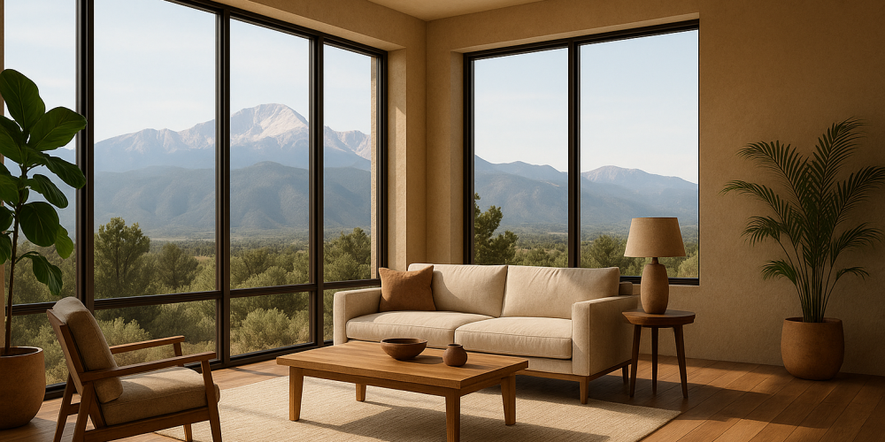 Architectural Rendering service in Colorado springs. 3D interior rendering of a modern Colorado Springs living room with large windows showing mountain views, minimalist furniture, natural lighting, wooden floors, indoor plants, and earthy tones, creating a cozy and elegant atmosphere.
