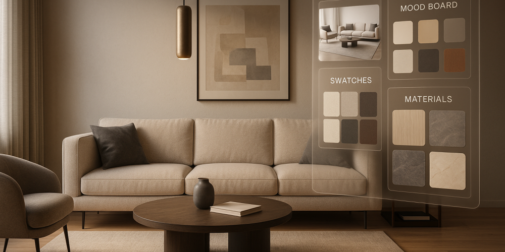 Photorealistic 3D rendering of a modern living room with elegant furniture, warm lighting, and material samples, showcasing the interior design process and visual presentation using architectural rendering tools like Vantscape