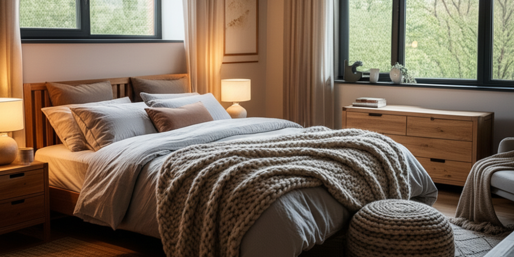 "Cozy modern bedroom with large windows, soft lighting, neutral-toned bedding, chunky knit blanket, and wooden furniture creating a warm and inviting atmosphere."