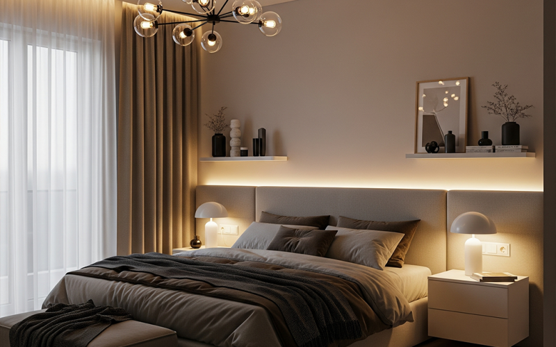 A modern bedroom in warm, inviting light. A stylish chandelier provides ambient light, while soft bedside lamps offer task lighting. Subtle accent lights glow behind the headboard and beneath floating shelves. Sheer curtains filter natural daylight, contrasting with the cozy evening illumination created by dimmable and smart bulbs. Neutral tones and minimalist furniture complete the serene space.