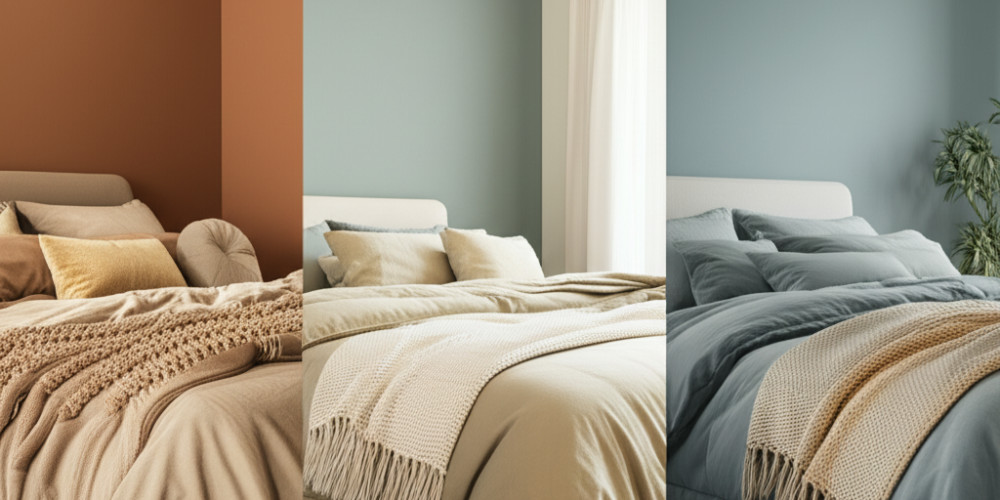 A modern bedroom illuminated by layered lighting. A central chandelier provides warm ambient light, complemented by soft task lighting from bedside lamps. Subtle accent lighting glows behind the headboard and under floating shelves, creating a cozy evening atmosphere. Sheer curtains reveal natural light, contrasting day and night moods.