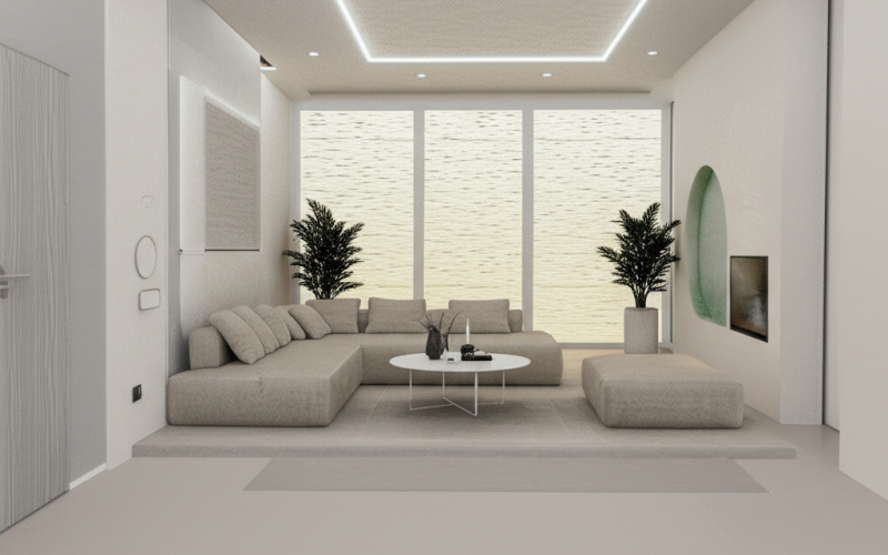 Contemporary room with a bold red velvet armchair, modern abstract art, neutral background, and clean architectural lines, elegant and artistic atmosphere