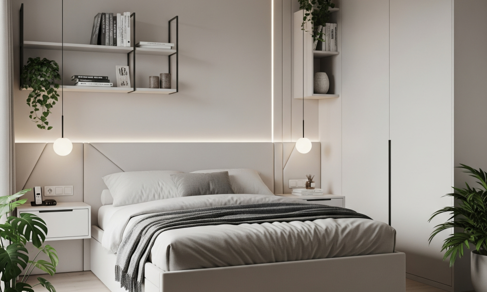 A cozy modern small bedroom with light-toned walls, built-in bed storage, large window with natural light, minimal decor, and layered textiles creating a warm and inviting ambiance.