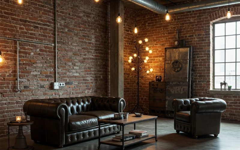 Industrial loft interior with exposed brick walls, metal pipes, Edison bulb lighting, leather furniture, and concrete floors, urban modern aesthetic
