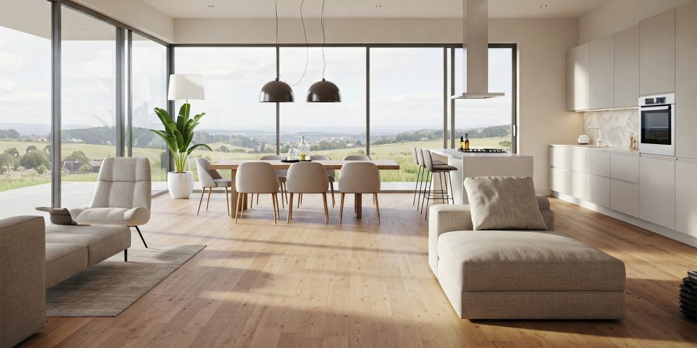 Contemporary interior design, Open-concept modern home interior combining kitchen, dining, and living room, with hardwood floors, large windows, and neutral decor, contemporary furniture layout