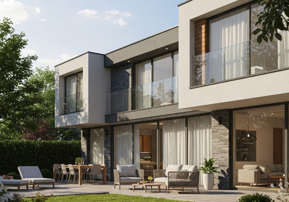 A photorealistic 3D rendering showcases a modern dream home on a sunny day. The sleek, contemporary architecture features expansive glass windows allowing natural light to flood the interior. A beautifully landscaped garden with lush greenery surrounds the house, and a welcoming patio offers an outdoor living space. The realistic lighting and soft shadows highlight the high-detail materials, creating an aspirational and inviting scene that exemplifies the potential of 3D rendering in bringing dream homes to life.