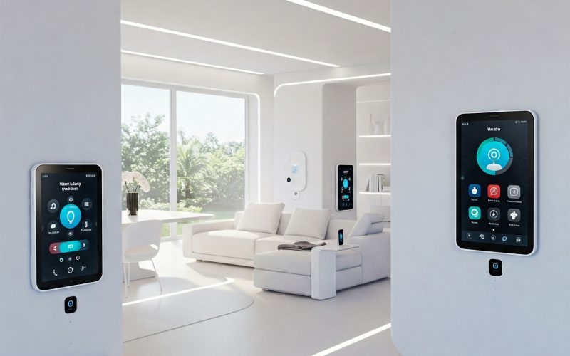 Futuristic smart home interior with integrated lighting, voice-controlled devices, touchscreen panels, minimalistic design, and hidden technology within decor