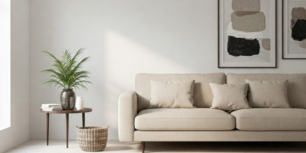 Contemporary interior design, A modern minimalist living room with white walls, neutral furniture, clean lines, open space, and natural light, featuring a beige sofa and abstract wall art, Scandinavian design style