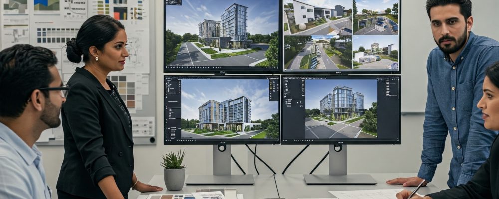 A diverse team of architectural professionals collaborates in a bright, modern studio, gathered around a table reviewing building designs on large monitors. The screens display high-quality 3D renderings showcasing exterior, interior, and aerial perspectives of the same contemporary building. The table is covered with printed render boards, a wide array of material swatches, detailed architectural sketches, and other design documents, illustrating a meticulous and creative process. The studio's atmosphere is professional and collaborative, with a clean aesthetic enhanced by neutral tones and subtle blue and gray accents in the team's attire and the office decor.