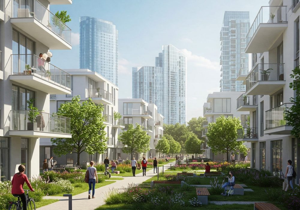 A sunny urban scene depicts a modern residential community with low- to mid-rise apartment buildings featuring large glass windows and balconies, surrounded by landscaped pathways and green spaces with people walking, cycling, and relaxing. In the background, sleek skyscrapers rise into a blue sky. The scene is naturally lit, with soft shadows and warm highlights.
